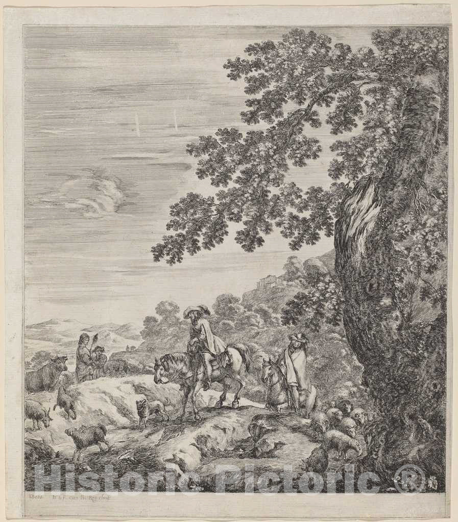 Art Print : Stefano Della Bella, Two Riders Passing Near a Herd of Animals, 1656 - Vintage Wall Art