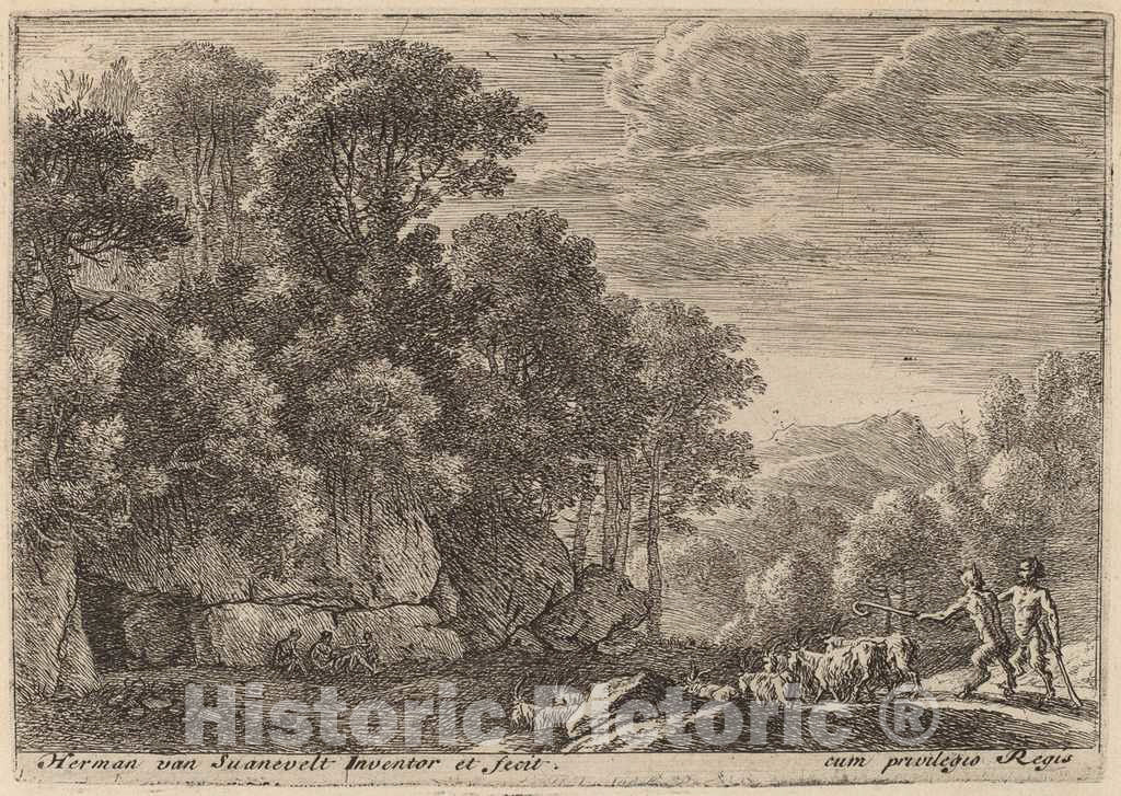 Art Print : Herman Van Swanevelt, Two Satyrs Tending a Flock of Goats - Vintage Wall Art
