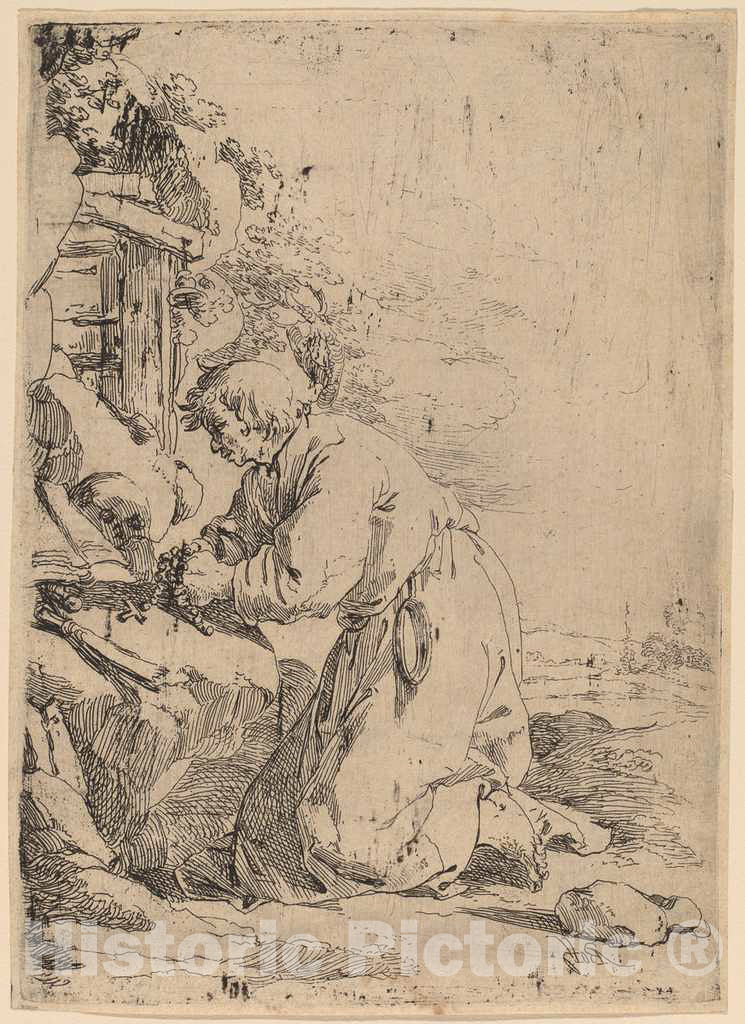 Art Print : Andries Both, The Kneeling Hermit Facing Left - Vintage Wall Art