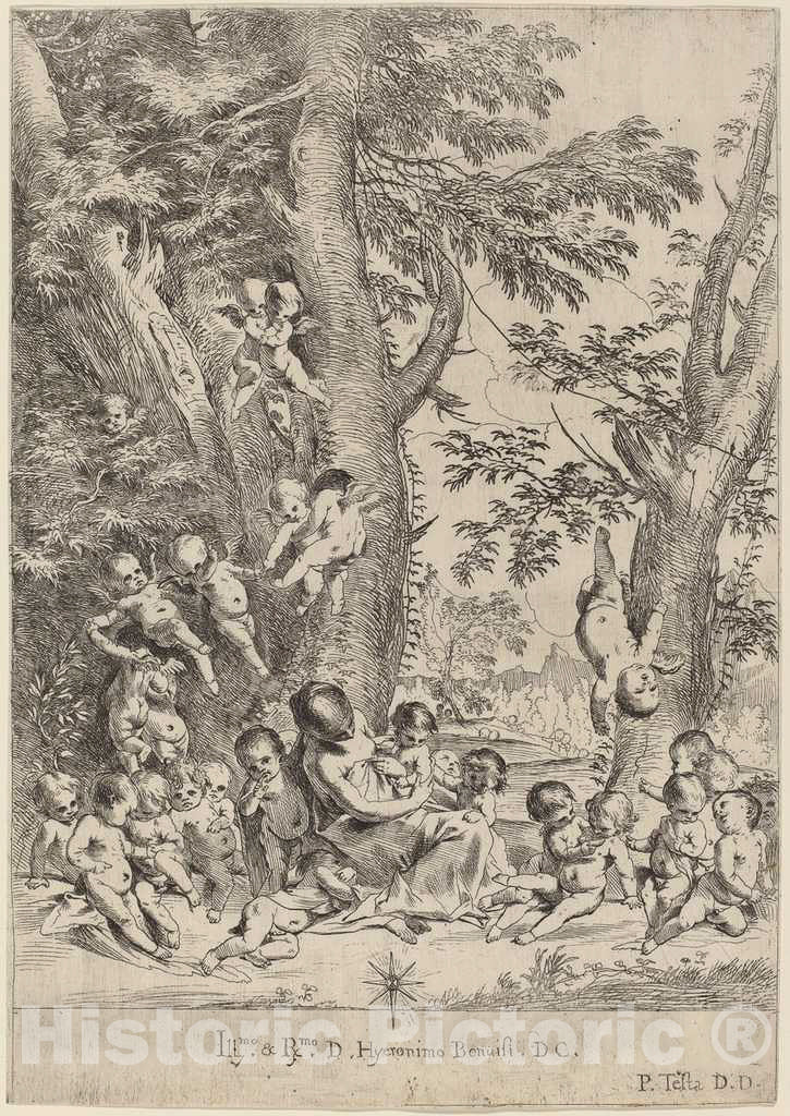 Art Print : Pietro Testa, Young Woman, Surrounded by Cupids - Vintage Wall Art