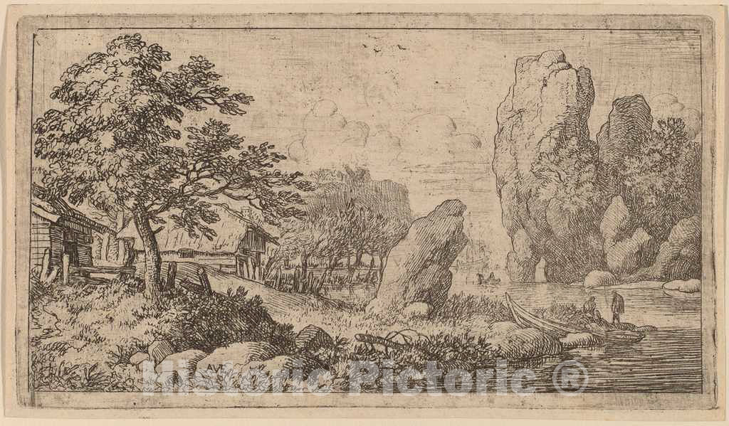 Art Print : Allart Van Everdingen, Pointed Boulder at The Bank of a River, c.1651 - Vintage Wall Art