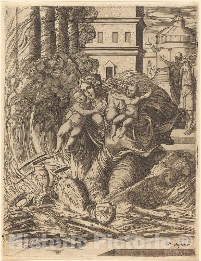 Art Print : Pierre Woeiriot, The Wife of Hasdrubal Throws Herself on The Fire - Vintage Wall Art