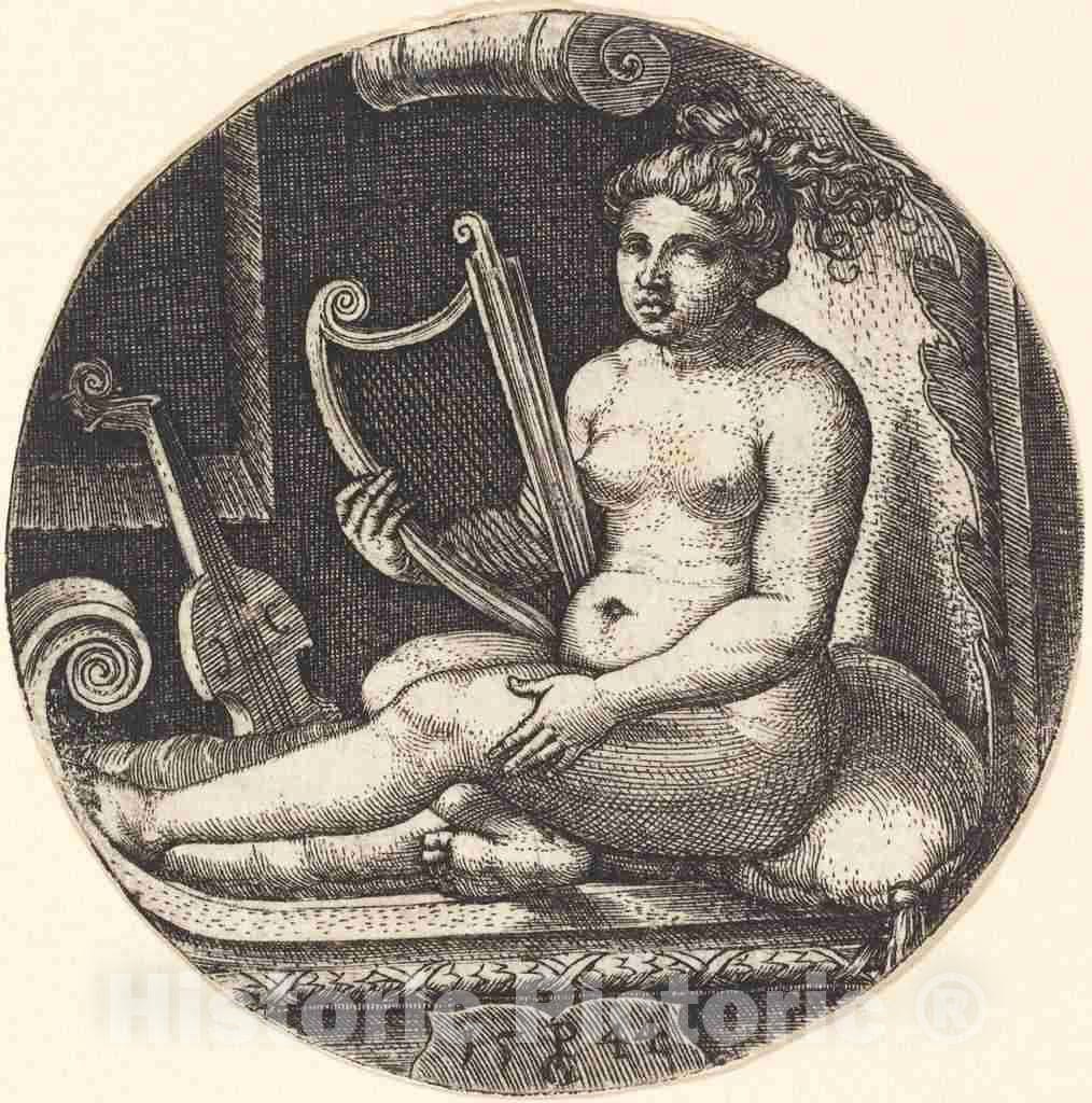Art Print : Georg Pencz, Woman with a Harp, 1544 - Vintage Wall Art