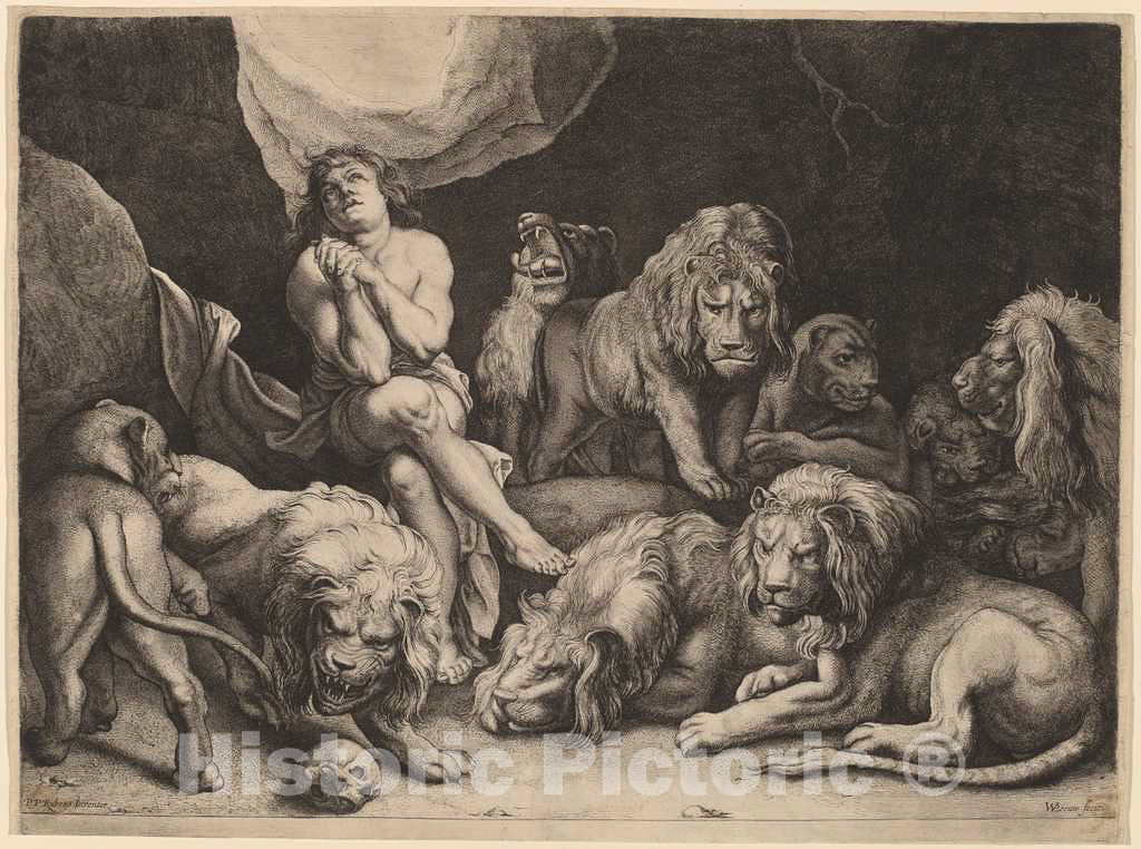Art Print : Van der Leeuw After Rubens, Daniel in The Lions' Den - Vintage Wall Art