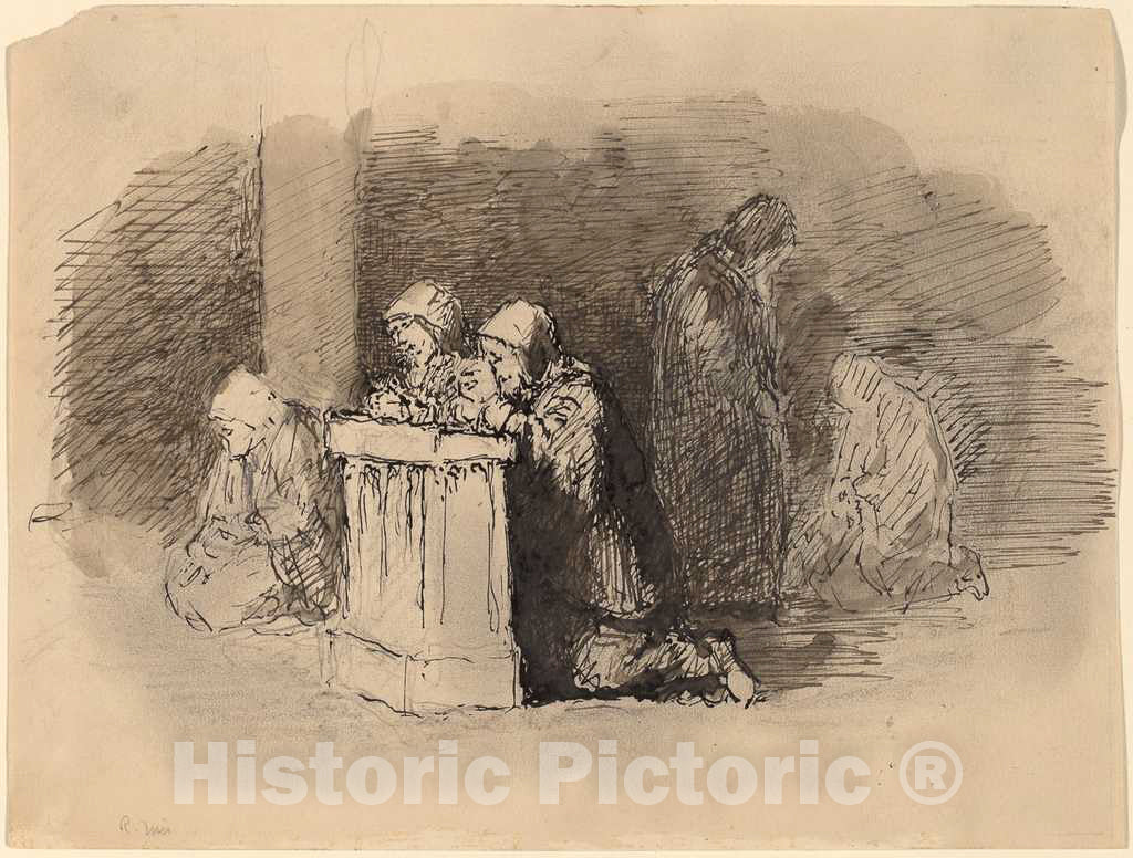 Art Print : Robert Walter Weir, Praying Figures in a Church, Florence, c.1826 - Vintage Wall Art