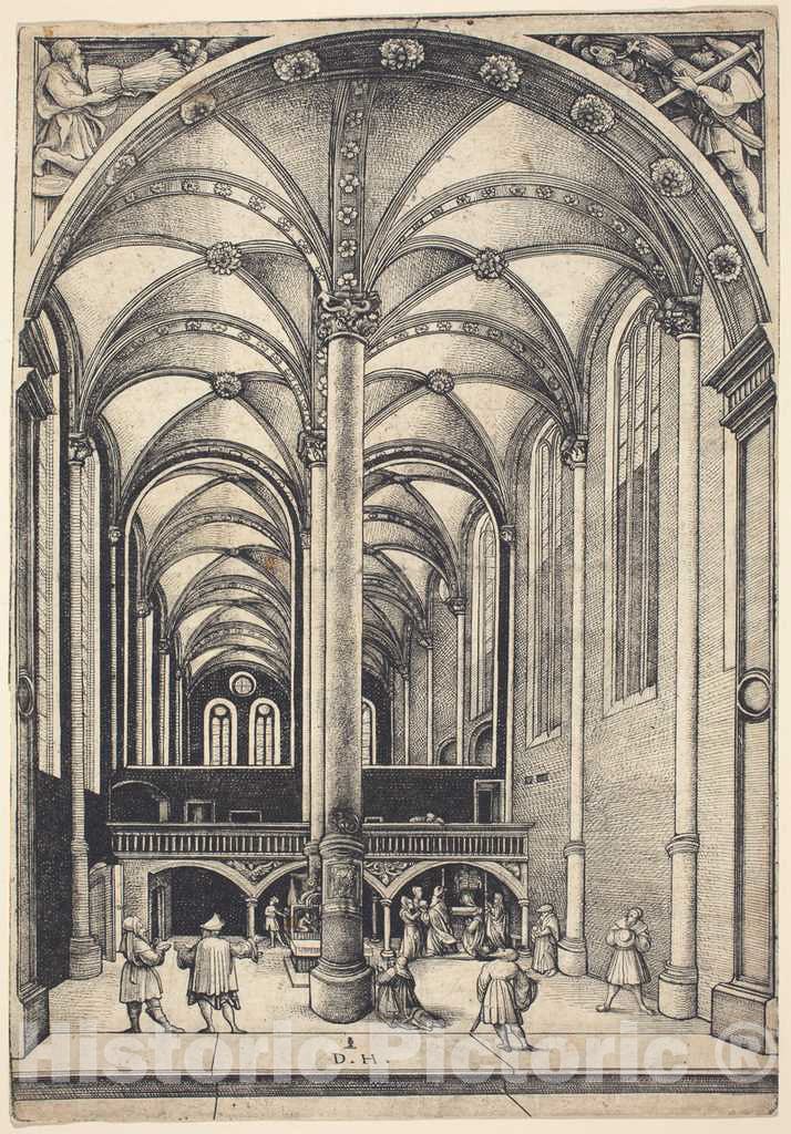 Art Print : Daniel Hopfer, Interior of The Church of Saint Maria Magdalena with The Parable of The Offering of The Widow - Vintage Wall Art