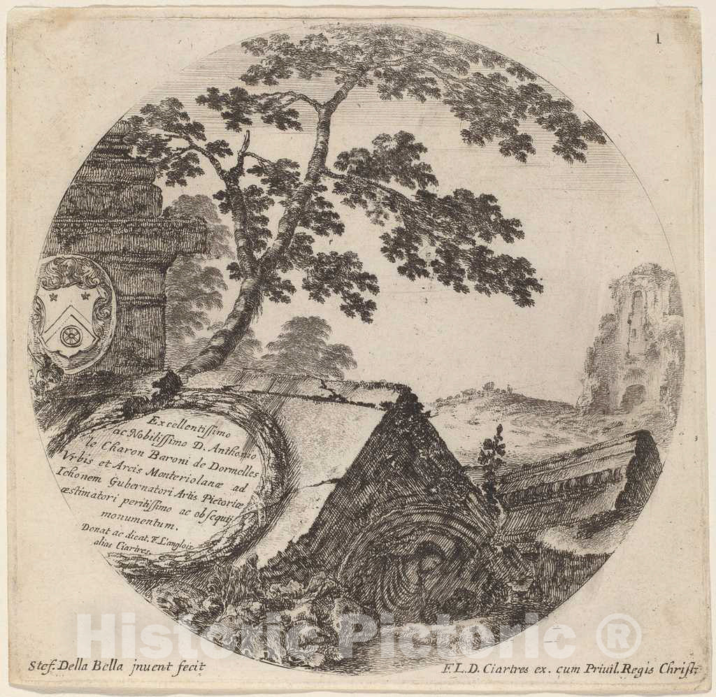 Art Print : Stefano Della Bella, Title Page for Paysages et ruines de Rome, 1646 - Vintage Wall Art