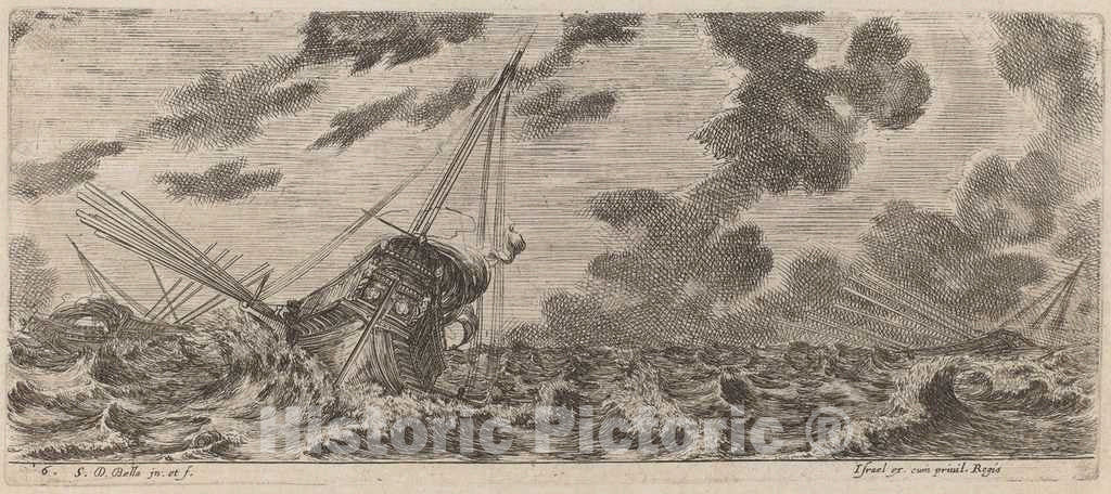 Art Print : Stefano Della Bella, Ship in Tempest, 1644 - Vintage Wall Art