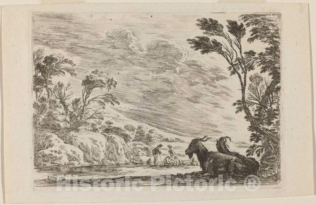 Art Print : Stefano Della Bella, Two Goats Lying Down, 1642 - Vintage Wall Art