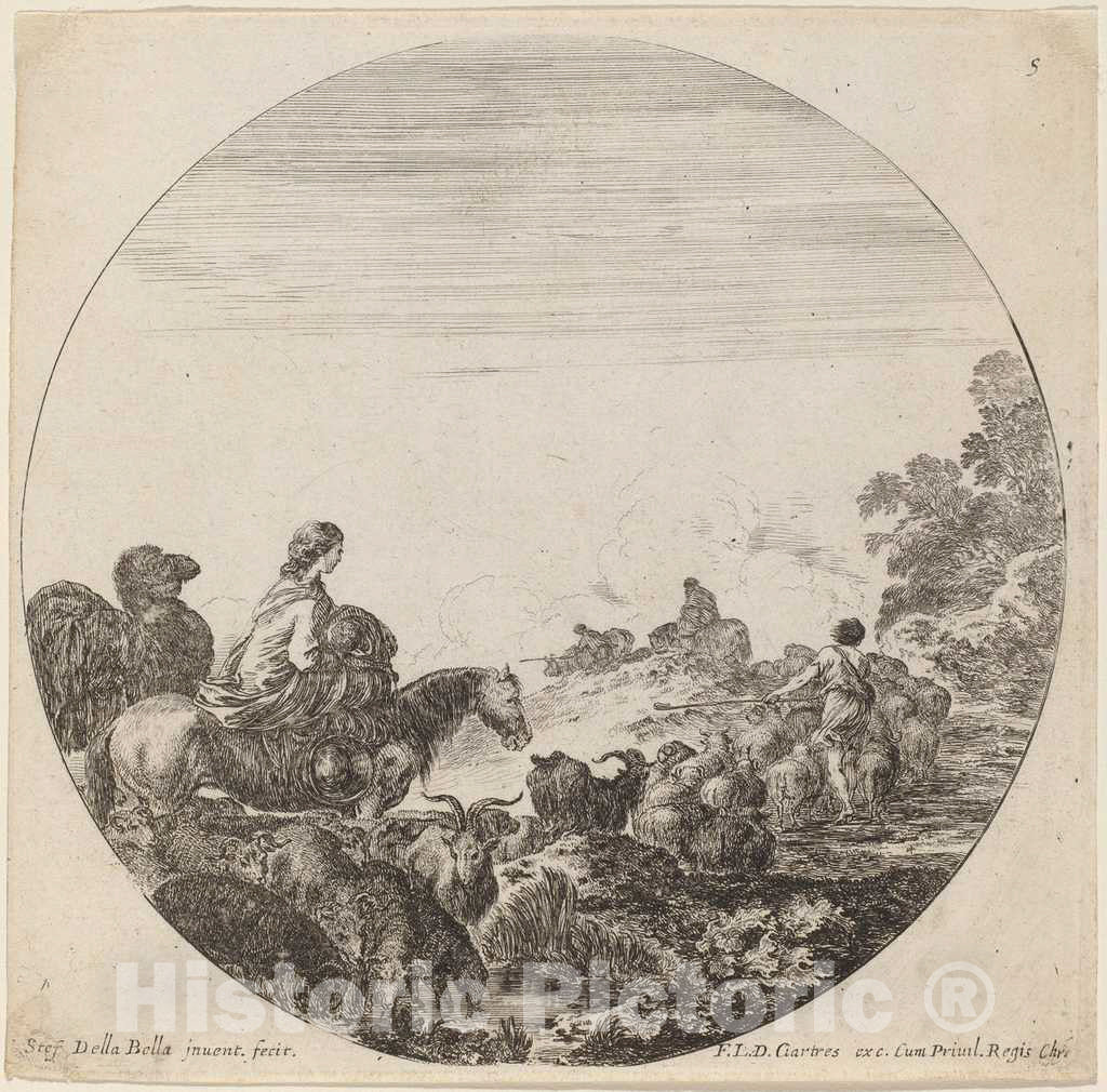 Art Print : Stefano Della Bella, Shepherds and Flock with Woman and Camel, 1646 - Vintage Wall Art