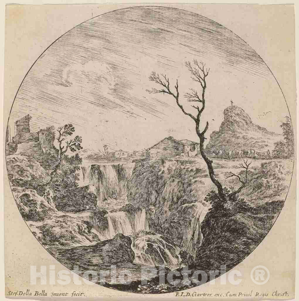 Art Print : Stefano Della Bella, Waterfall with Three Tiers, 1646 - Vintage Wall Art