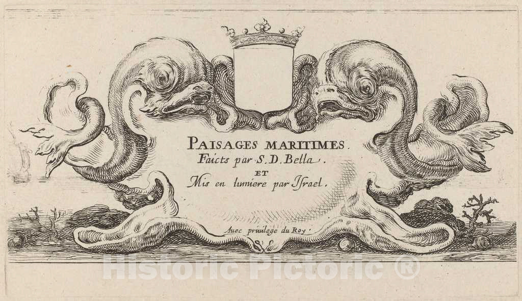 Art Print : Stefano Della Bella, Title Page for Paysages maritimes, 1644 - Vintage Wall Art