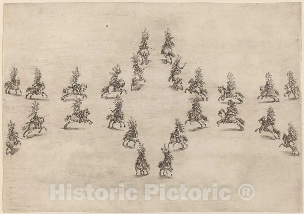 Art Print : Stefano Della Bella, Twenty-Four Cavaliers in an Oval, 1652 - Vintage Wall Art
