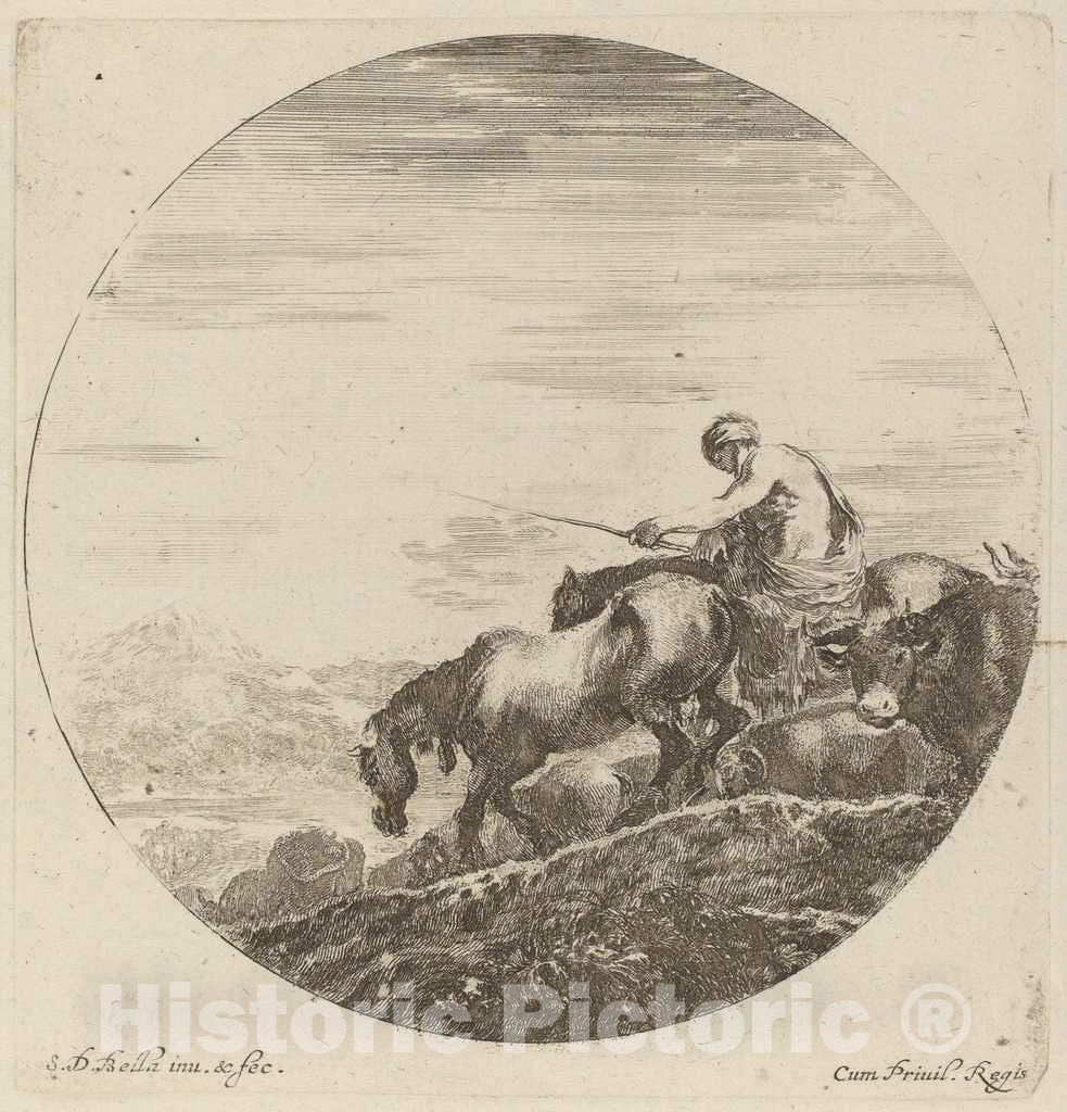 Art Print : Stefano Della Bella, Shepherd on a Horse Driving a Herd of Various Animals - Vintage Wall Art