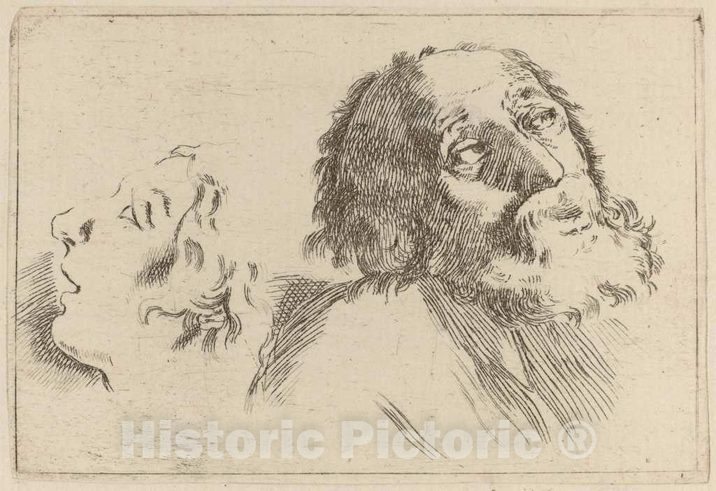 Art Print : Stefano Della Bella, Study of Heads, One Turned to The Right and The Other Turned Left - Vintage Wall Art