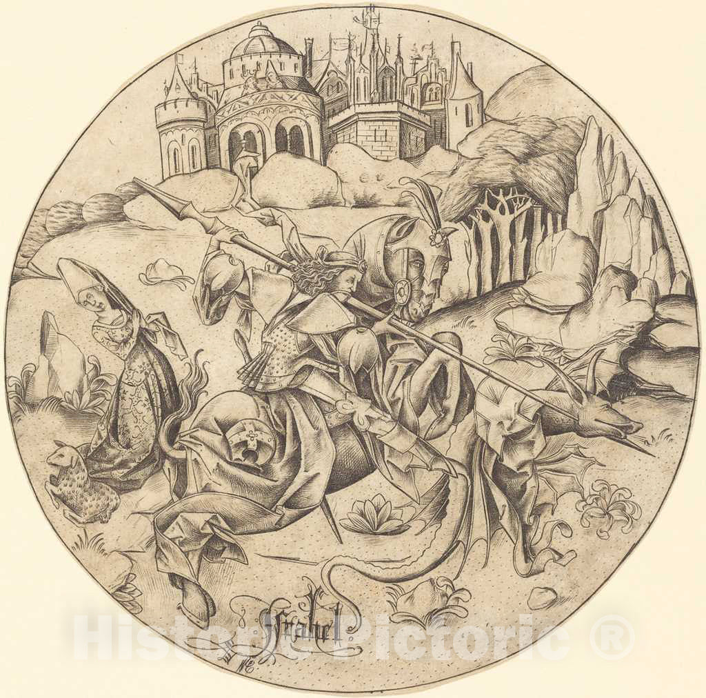 Art Print : Israhel Van Meckenem, Saint George and The Dragon, c.1468 - Vintage Wall Art