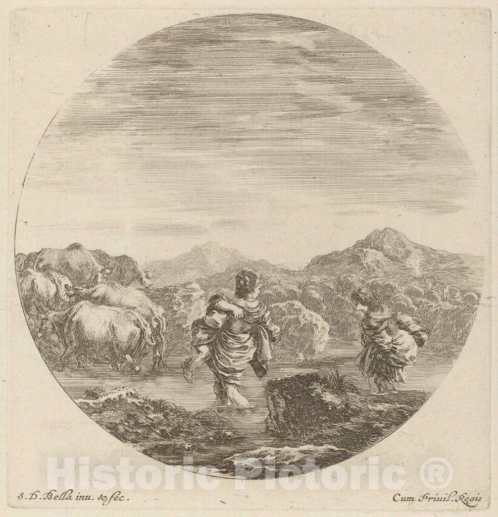 Art Print : Stefano Della Bella, Two Women Fording a Creek with a Herd of Cows - Vintage Wall Art