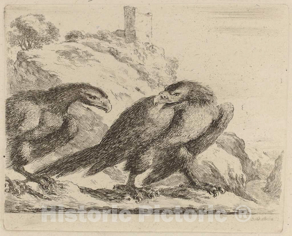 Art Print : Stefano Della Bella, Two Eagles with Tower in Background - Vintage Wall Art