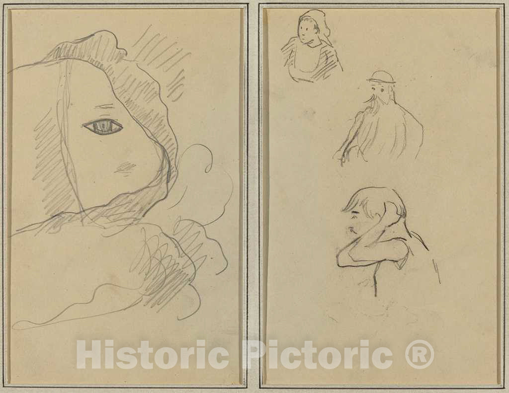 Art Print : Paul Gauguin, Eye and Part of Face; A Breton Woman and Two Men [Recto], 1884-1888 - Vintage Wall Art