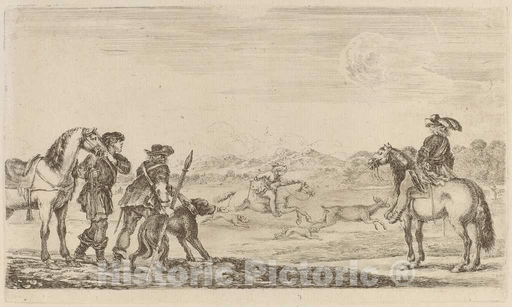 Art Print : Stefano Della Bella, Small Deer Chased by a Cavalier - Vintage Wall Art