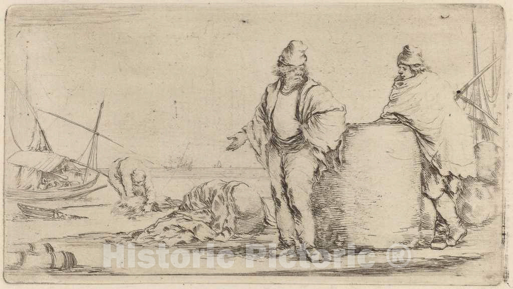 Art Print : Stefano Della Bella, Two Sailors Standing Near a Large Bale of Merchandise - Vintage Wall Art