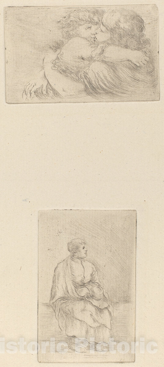 Art Print : Stefano Della Bella, Two Children Embracing [Upper Half]; Seated Ecclesiast [Lower Half] - Vintage Wall Art