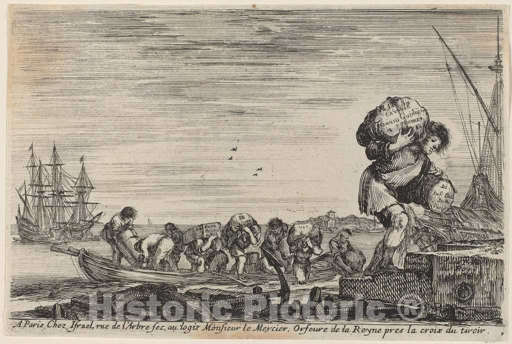 Art Print : Stefano Della Bella, Title Page for Views of The Ports of The Sea, 1647 - Vintage Wall Art