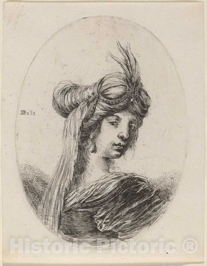 Art Print : Stefano Della Bella, Woman in a Feathered Turban with a Veil, Turned to The Right, c.1650 - Vintage Wall Art