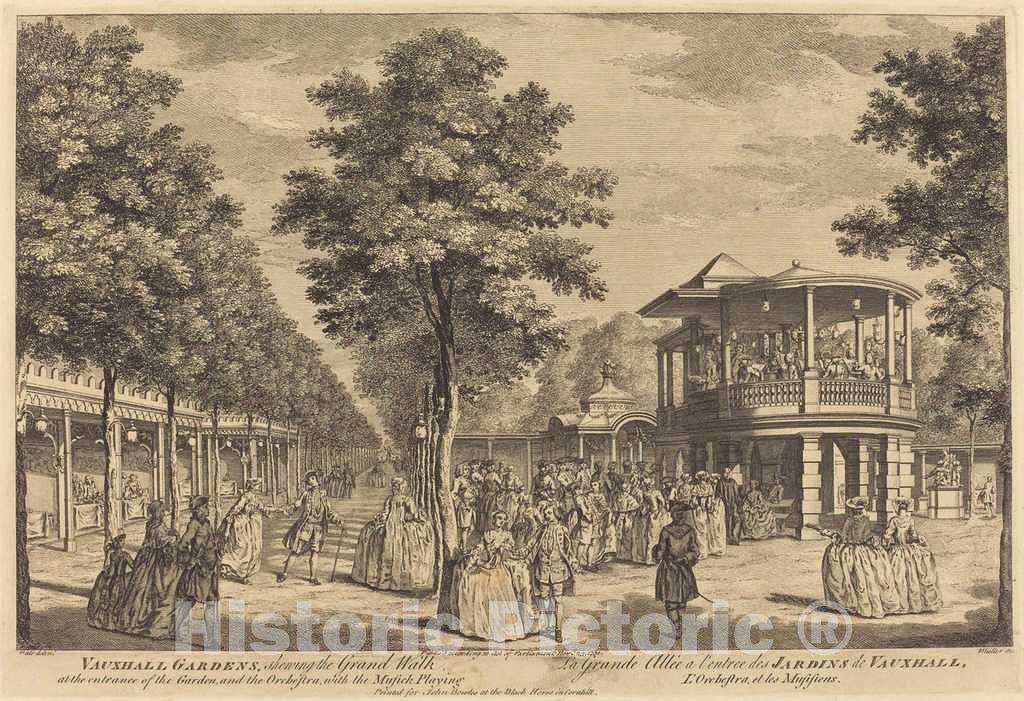 Art Print : MÃ¼ller After Wale, Vauxhall Gardens shewing The Grand Walk at The Entrance of The Garden and The Orchestra with Musick Playing, 1751 - Vintage Wall Art