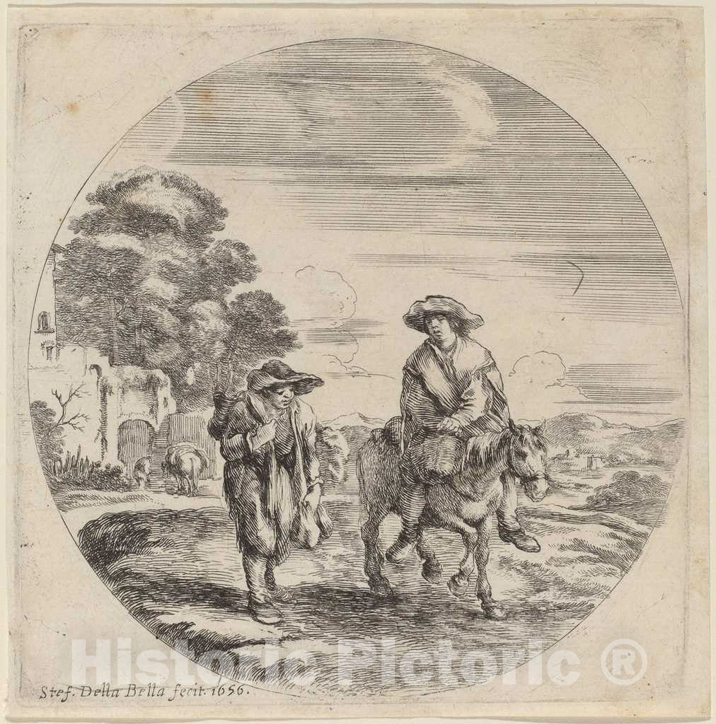 Art Print : Stefano Della Bella, Two Peasants Traveling in a Landscape, 1656 - Vintage Wall Art