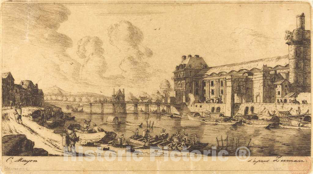 Art Print : Meryon After Nooms, Called Zeeman, Le Pavillion de Mlle. et une Partie du Louvre, 1849 - Vintage Wall Art