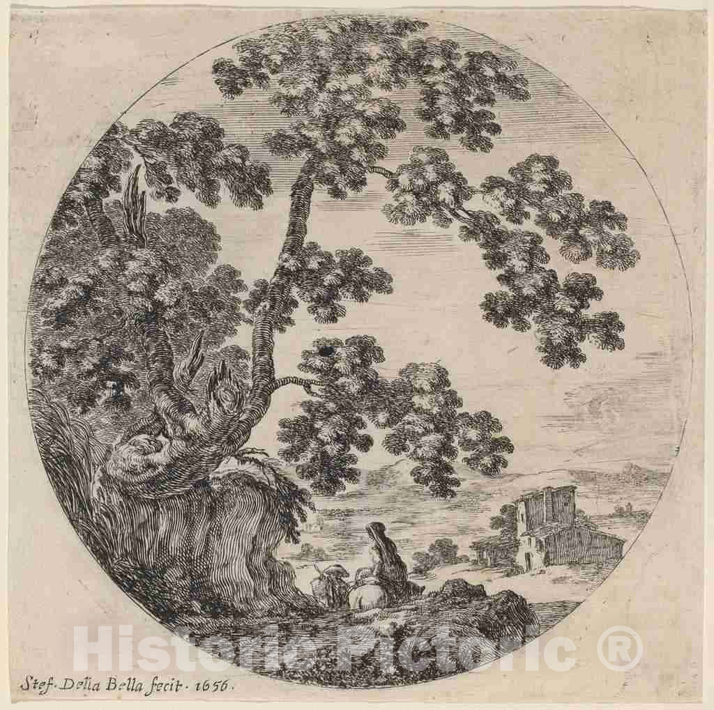 Art Print : Stefano Della Bella, Two Travelers Passing by an Old Oak Tree, 1656 - Vintage Wall Art