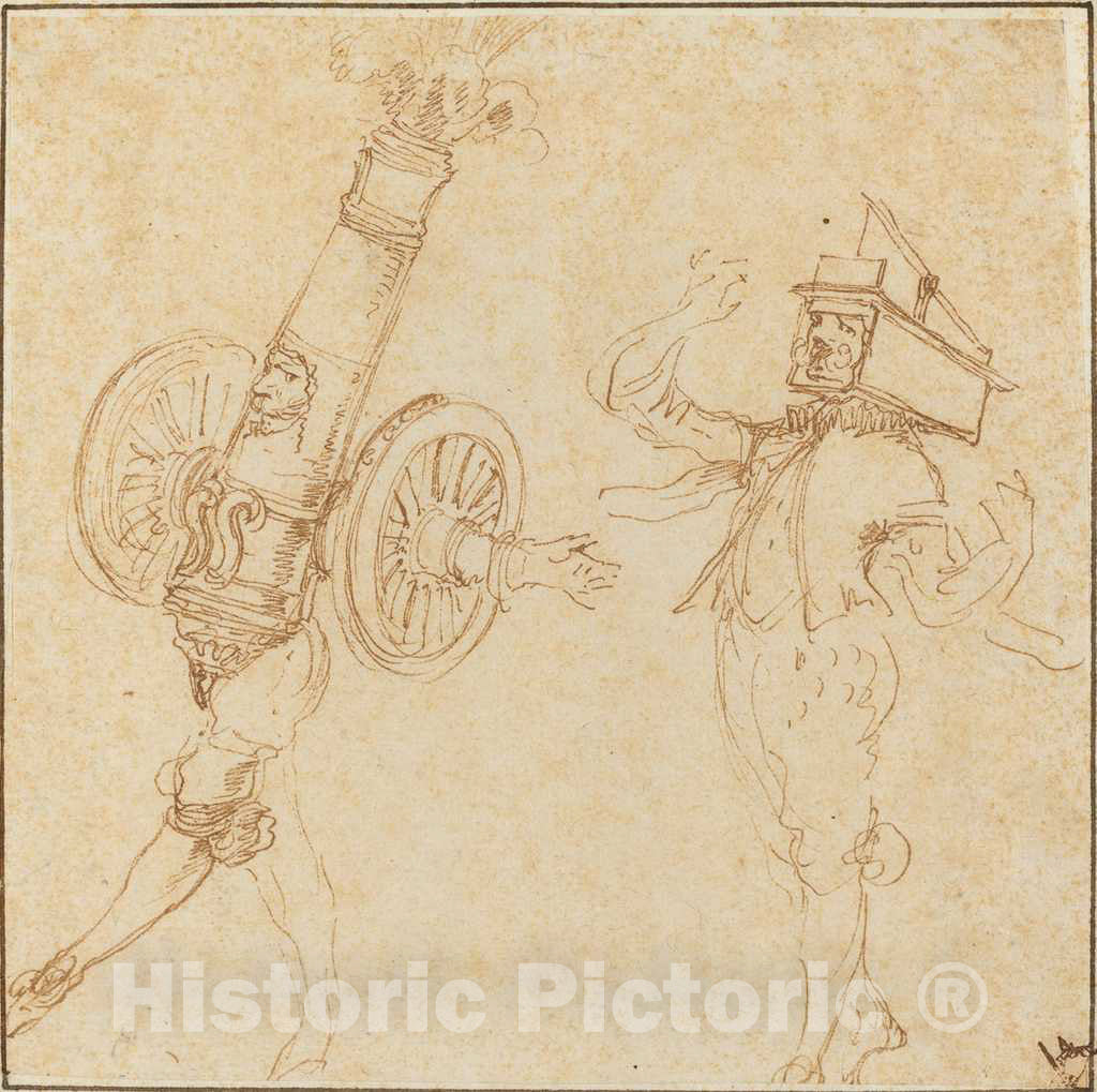 Art Print : Stefano Della Bella, Two Men in Masquerade Costumes: A Cannon Firing and a Cat Inside a Mousetrap, c. 1645 - Vintage Wall Art