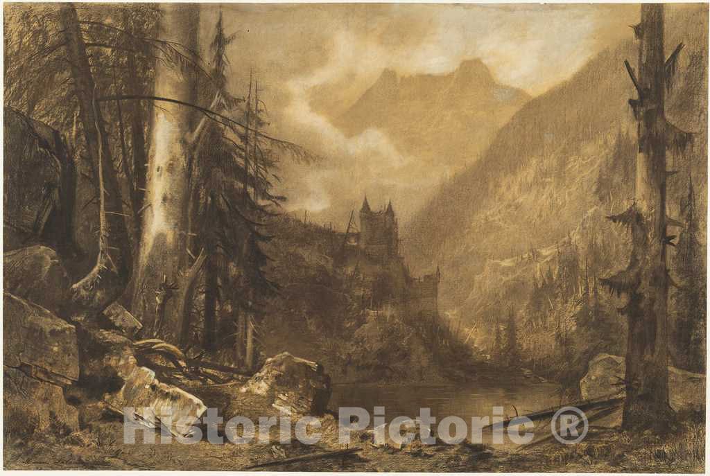 Art Print : Maxime Lalanne, Alpine Castle Above a Wooded Lake, c. 1870 - Vintage Wall Art