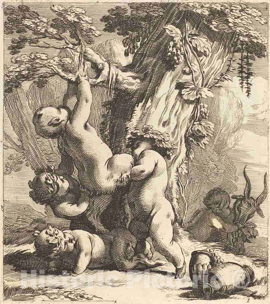 Art Print : Michel Dorigny, Putti and Fauns Climbing a Grapevine, 1650s - Vintage Wall Art