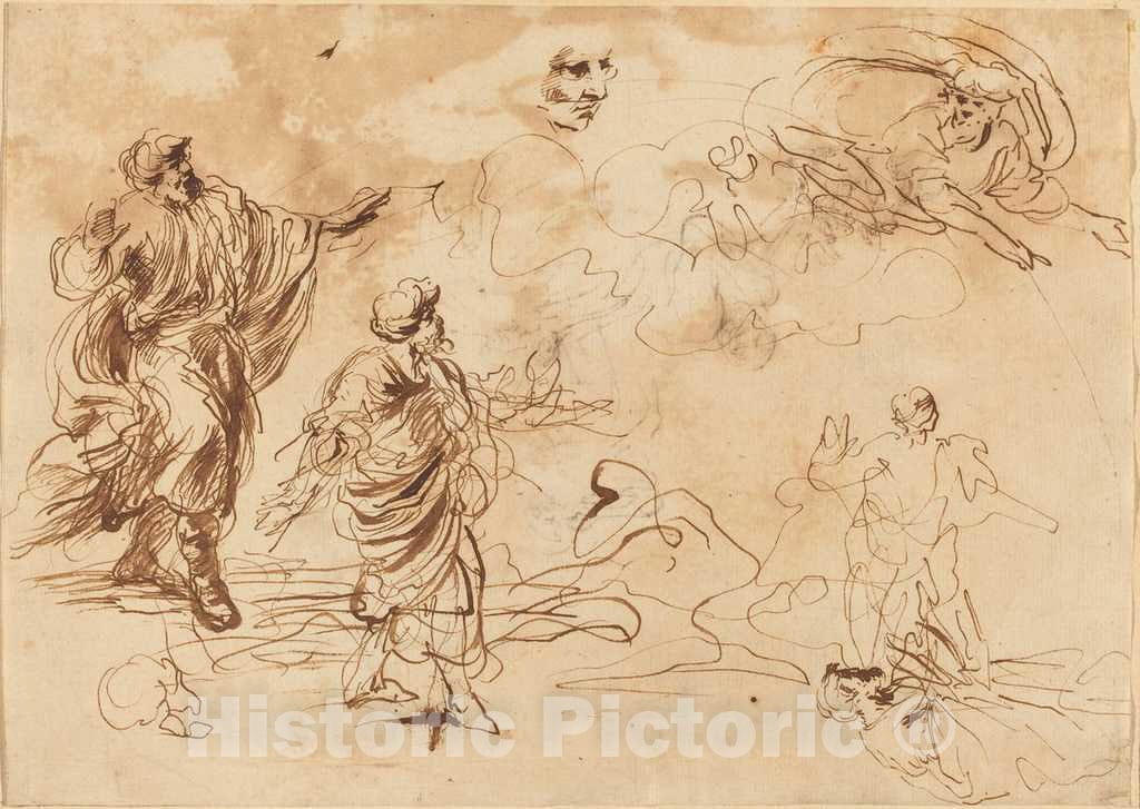 Art Print : Studies for a Biblical Scene with God The Father Appearing to a Bearded Male Figure, mid-17th Century - Vintage Wall Art