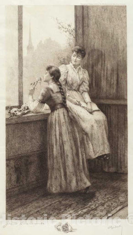 Art Print : Jennie Augusta Brownscombe, Untitled (Two Girls at a Window), 1890s - Vintage Wall Art