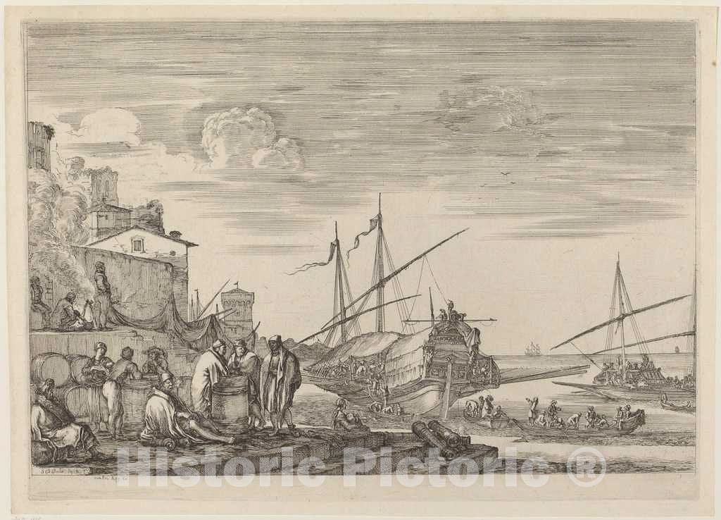 Art Print : Stefano Della Bella, View of Several Houses Facing The Port, c.1655 - Vintage Wall Art