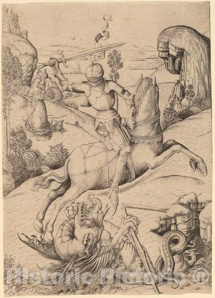 Art Print : Meckenem, Saint George and The Dragon, c.1485 - Vintage Wall Art
