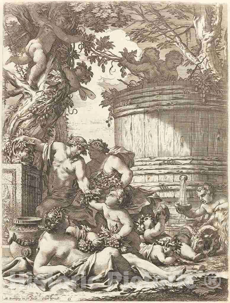 Art Print : Michel Dorigny, Putti with Grapes and a Seated Bacchante, 1650s - Vintage Wall Art