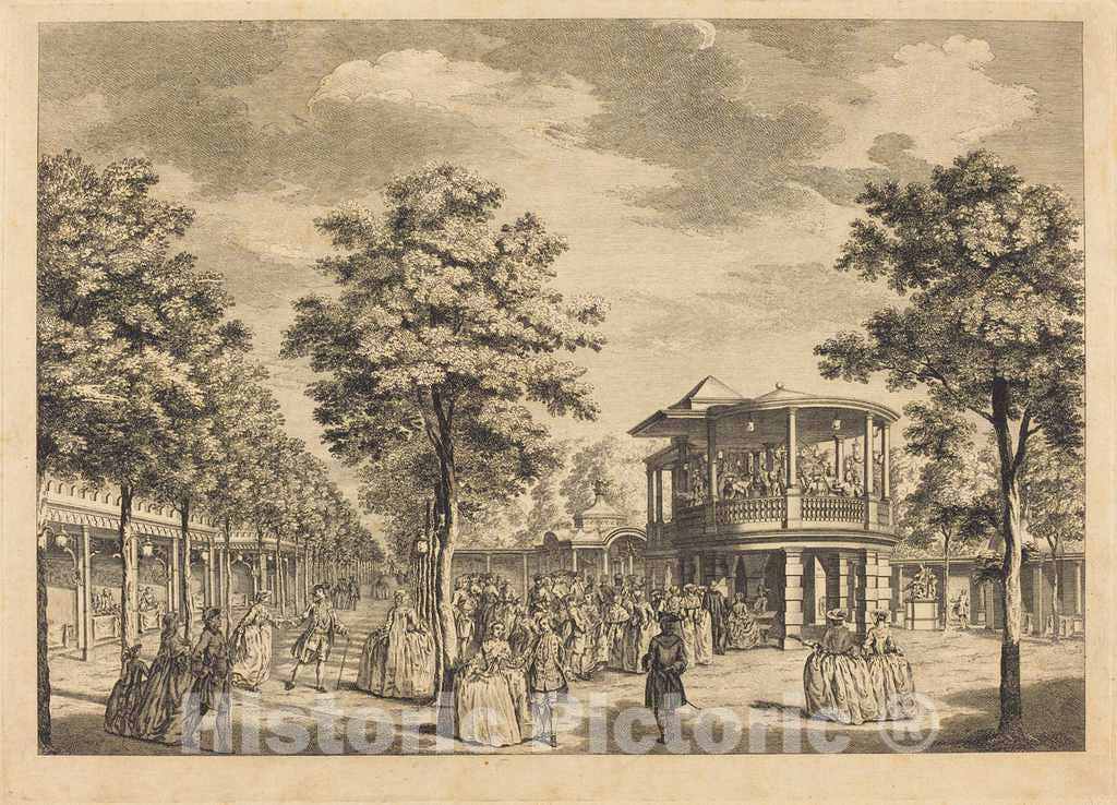Art Print : MÃ¼ller After Wale, Vauxhall Gardens shewing The Grand Walk at The Entrance of The Garden and The Orchestra with Musick Playing, 1751 - Vintage Wall Art
