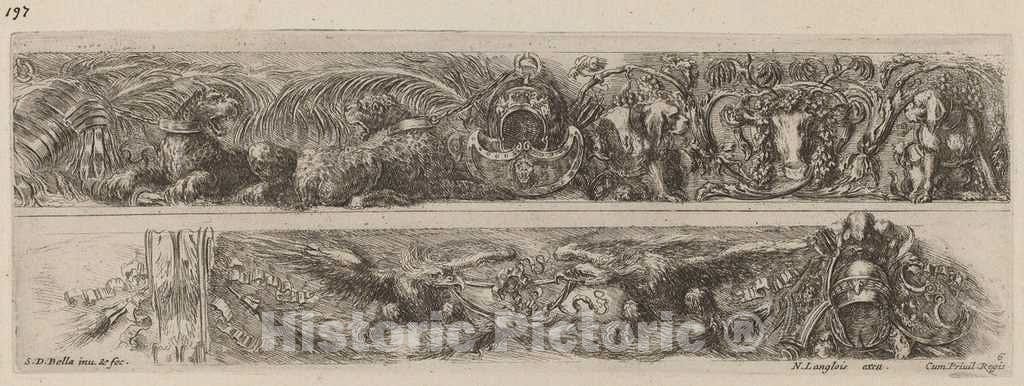 Art Print : Stefano Della Bella, Two Ornamental Bands with Chained Leopards and Eagles, 1648 - Vintage Wall Art