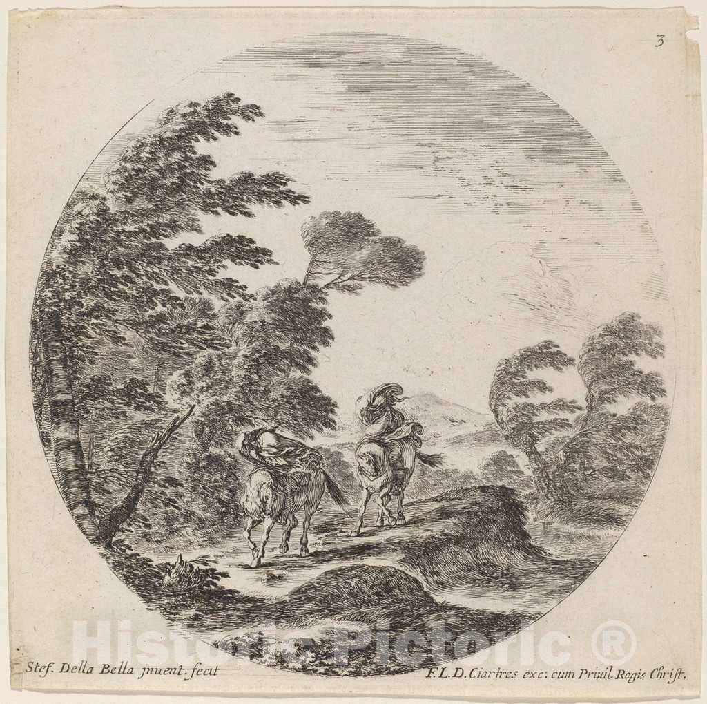 Art Print : Stefano Della Bella, Windblown Horsemen, 1646 - Vintage Wall Art