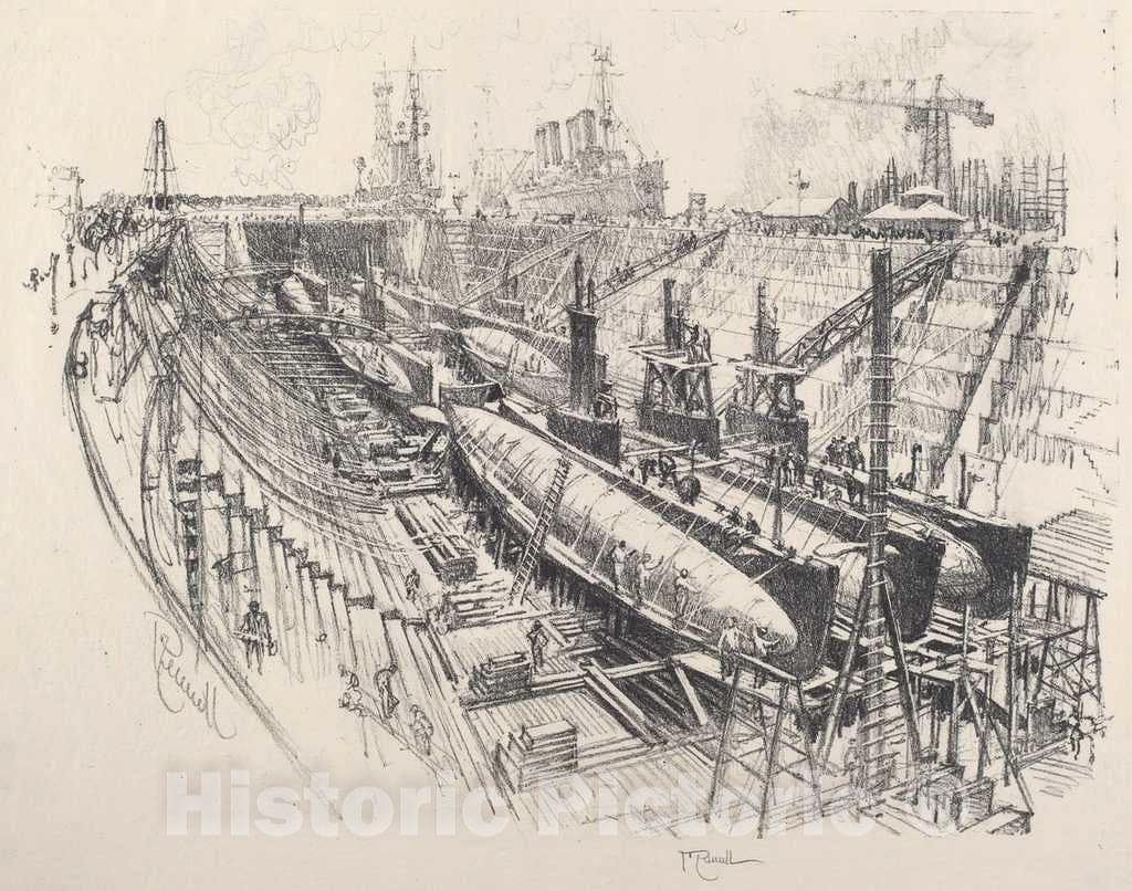 Art Print : Joseph Pennell, Submarines in Dry Dock, 1917 - Vintage Wall Art