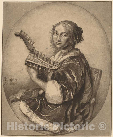 Art Print : Amstel and Brouwer After Caspar Netscher, Lady with Guitar, 1781 - Vintage Wall Art
