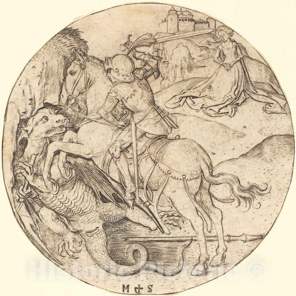 Art Print : Martin Schongauer, Saint George and The Dragon, c.1473 - Vintage Wall Art