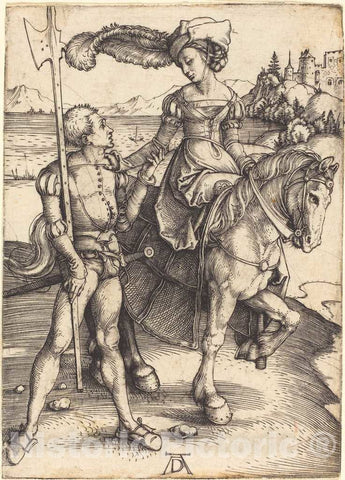Art Print : Albrecht DÃ¼rer, Lady on Horseback and The Lansquenet, c. 1497 - Vintage Wall Art