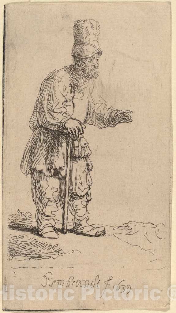 Art Print : Rembrandt, A Peasant in a High Cap, Standing Leaning on a Stick, 1639 - Vintage Wall Art