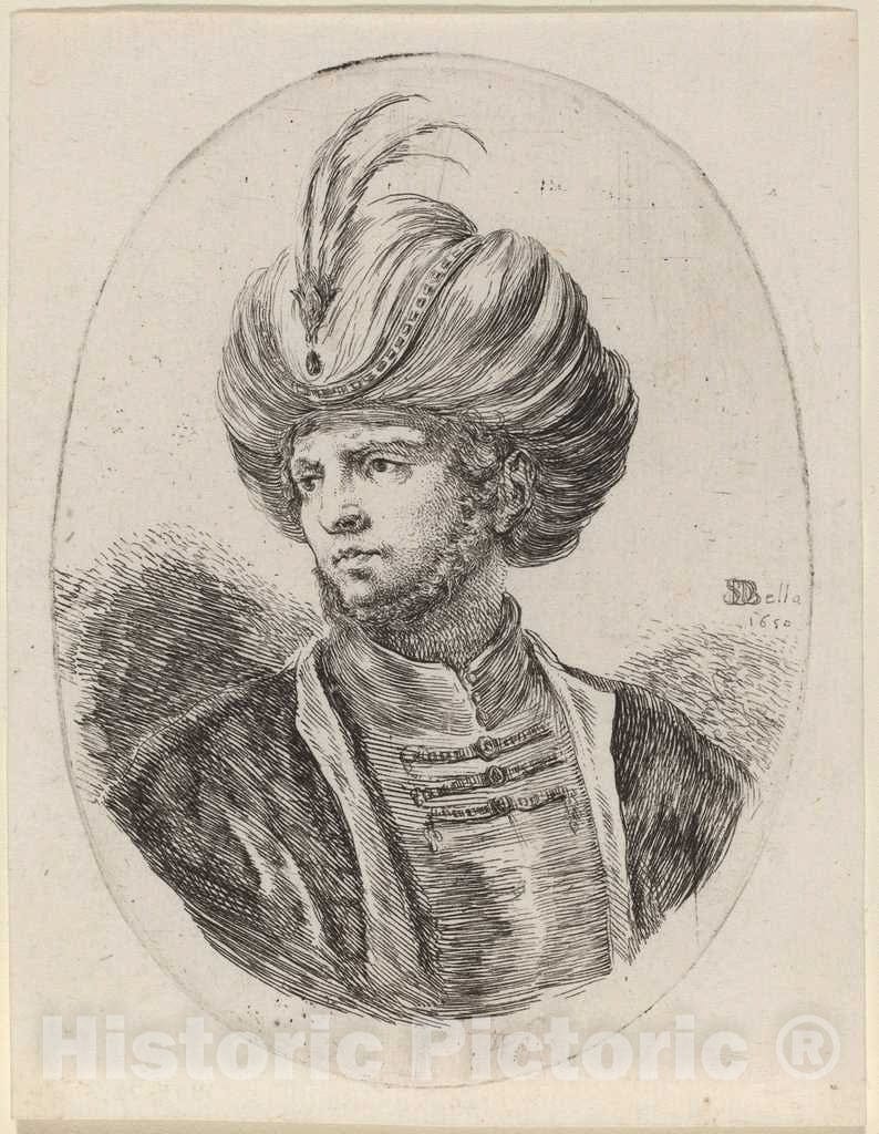 Art Print : Stefano Della Bella, Young Moor with a Slight Beard and Feathered Turban, Turned to The Left, 1650 - Vintage Wall Art