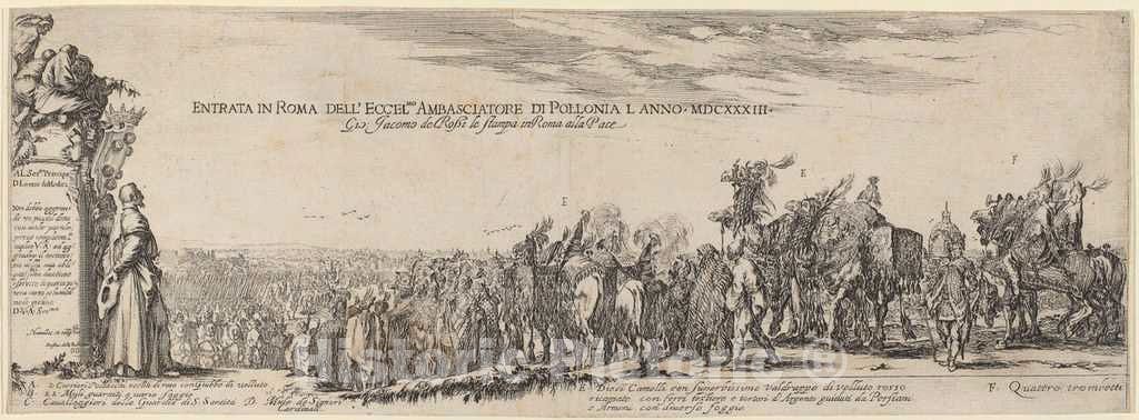 Art Print : Stefano Della Bella, Title Page for Entry into Rome of His Excellency The Polish Ambassador, 1633 - Vintage Wall Art